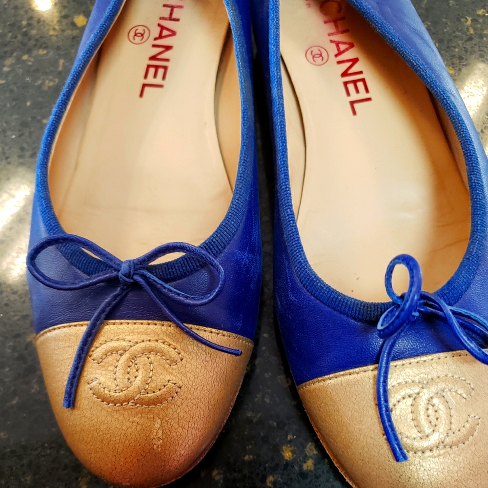 Chanel Ballerina Flats, Blue & Gold Size 6.5